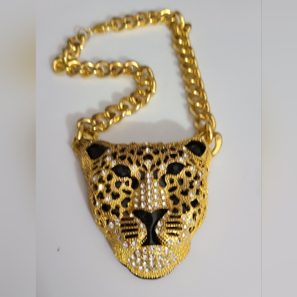 Leopard cheetah chunky chain necklace Rhinestones gold black enamel Rhianna - Picture 3 of 12